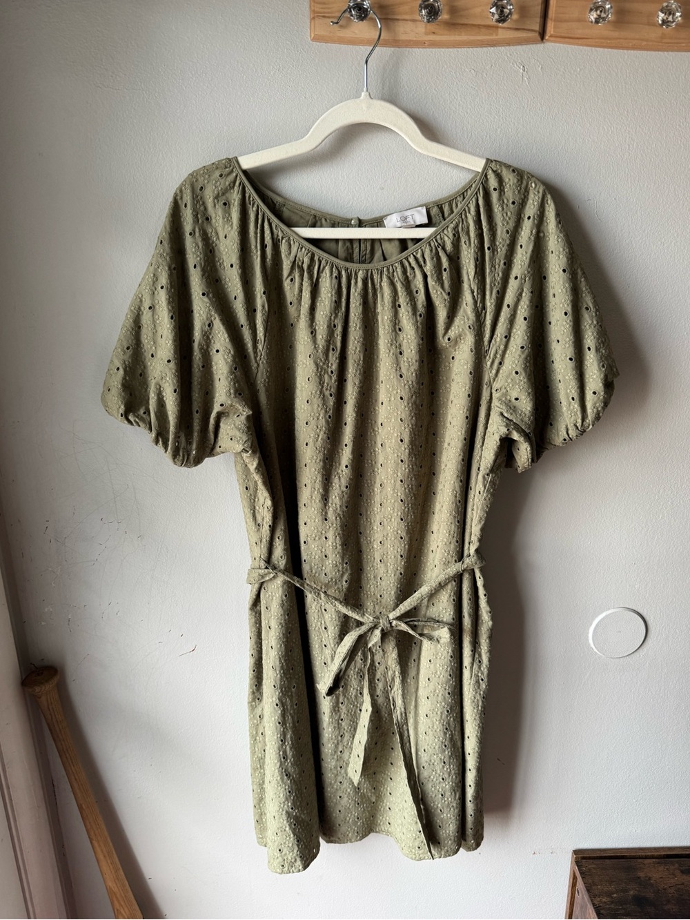 LOFT Outlet Olive Green Cotton Eyelet Puff Sleeve Belted Mini Dress - L
